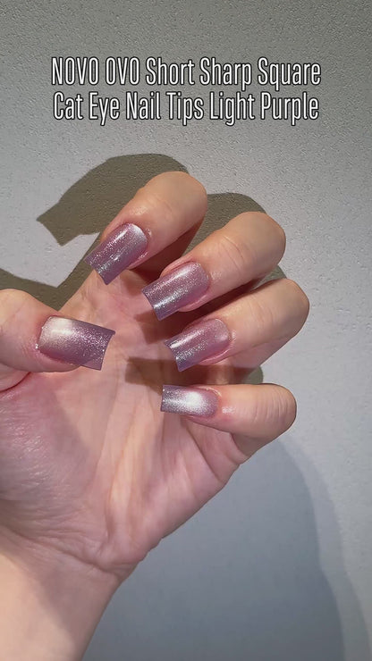 Short Sharp Square Cat Eye Nail Tips Light Purple