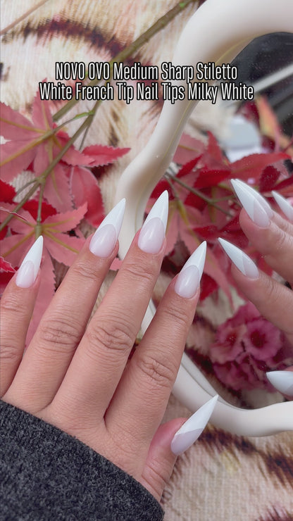 Medium or Long White French Tip Sharp Stiletto Nail Tips Milky White
