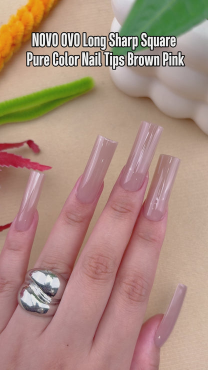 Long Sharp Square Pure Color Nail Tips Brown Pink 180