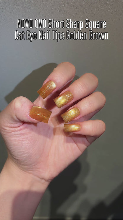 Short Sharp Square Cat Eye Nail Tips Golden Brown