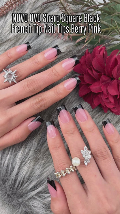 Short Sharp Square Nail Tips Black French Tip BERRY PINK