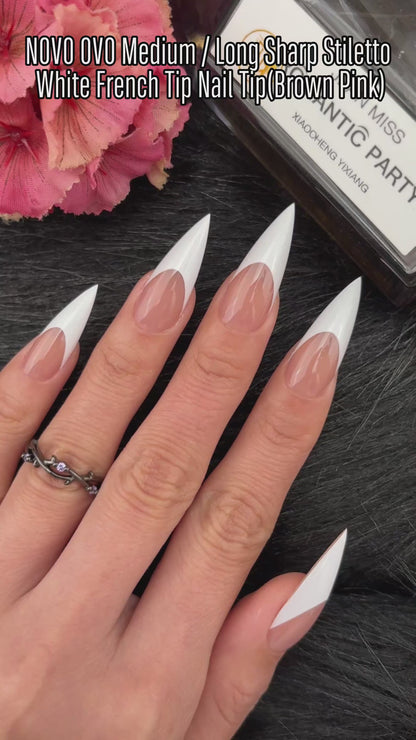 Medium or Long White French Tip Sharp Stiletto Nail Tips Brown Pink