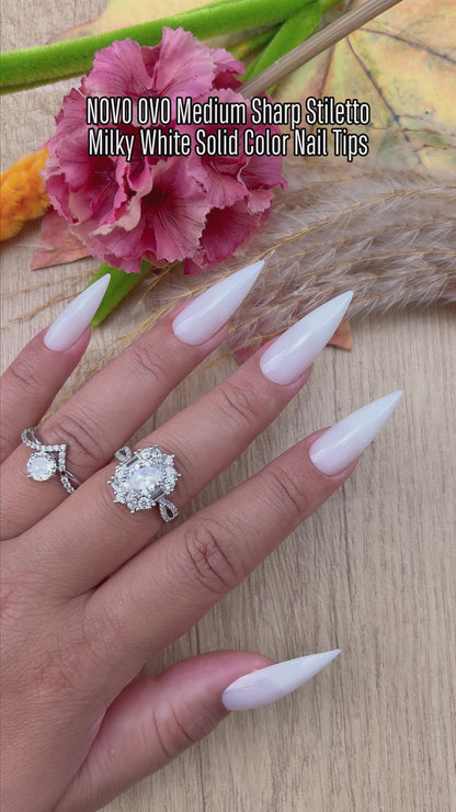 Medium or Long Pure Color Sharp Stiletto Nail Tips Milky White