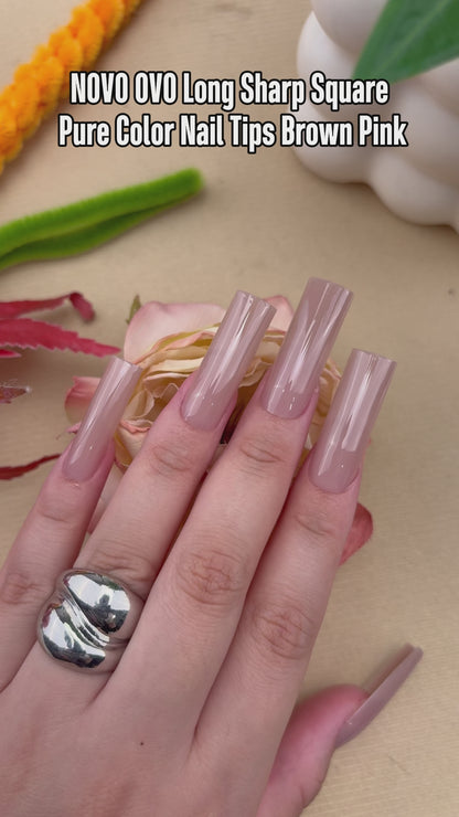 Long Sharp Square Pure Color Nail Tips Brown Pink 180