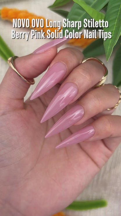 Long XL Pure Color Sharp Stiletto Nail Tips Berry Pink
