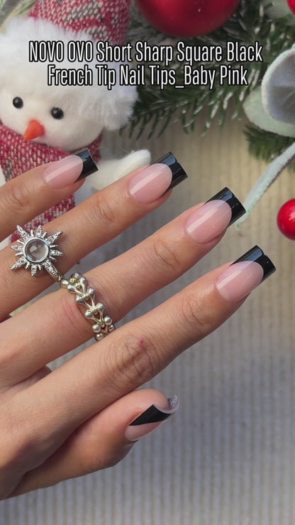 Short Sharp Square Nail Tips Black French Tip BABY PINK