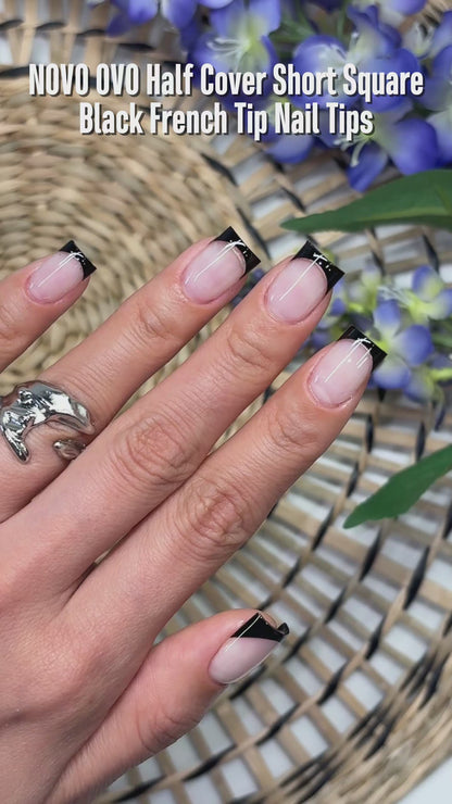 Half Cover Short Square Black French Tip Nail Tips 224