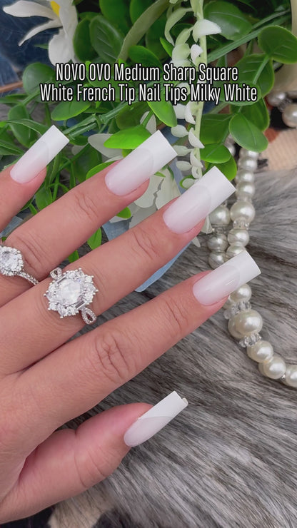 Meidum Sharp Square White French Tip Nail Tips Milky White 180