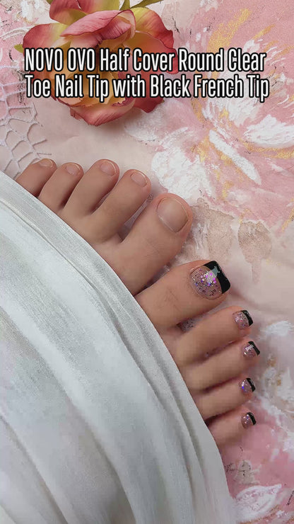 Half Cover Round Clear Toe nail tip with Black French Tip