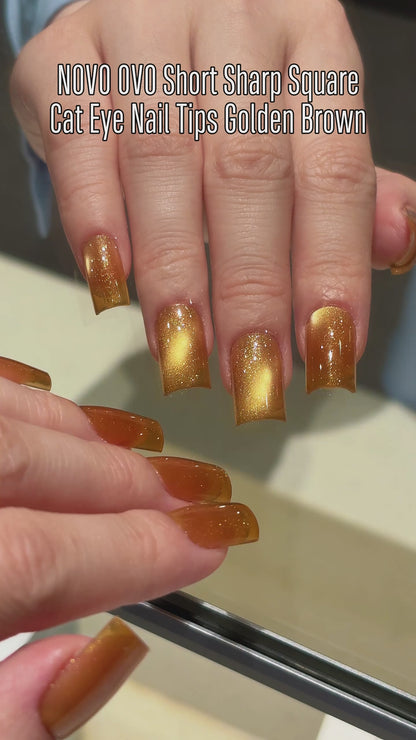 Short Sharp Square Cat Eye Nail Tips Golden Brown