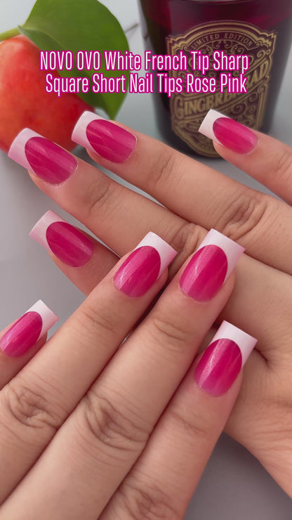 Short Sharp Square Nail Tips White French Tip Rose Pink