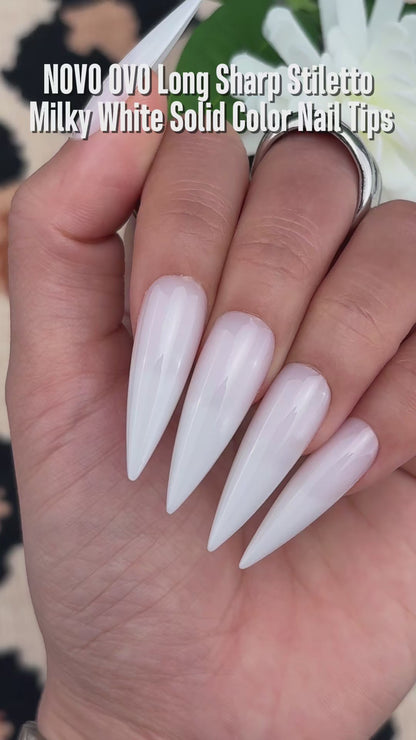 Long XL Pure Color Sharp Stiletto Nail Tips Milky White