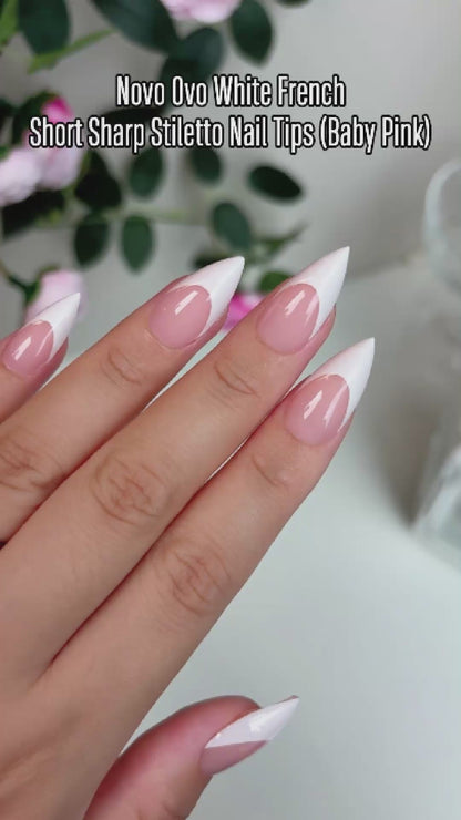 Short Sharp Stiletto White French Tip Nail Tips Baby Pink 160