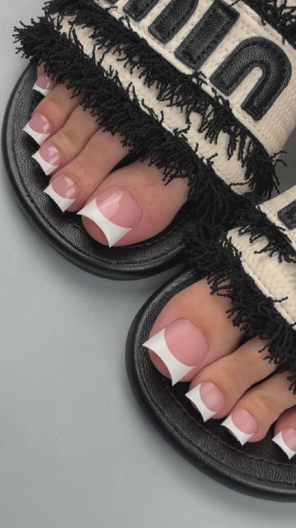 Halloween Short Sharp Square Toe Nail Tips With Moon Curve White French Tip Baby Pink