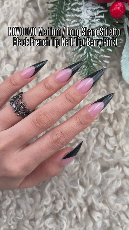 Medium or Long Black French Tip Sharp Stiletto Nail Tips Berry Pink