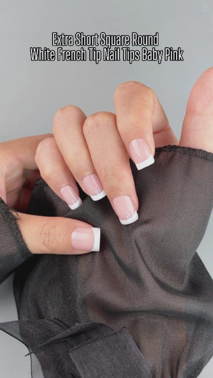 Extra Short Square Round White French Tip BABY PINK