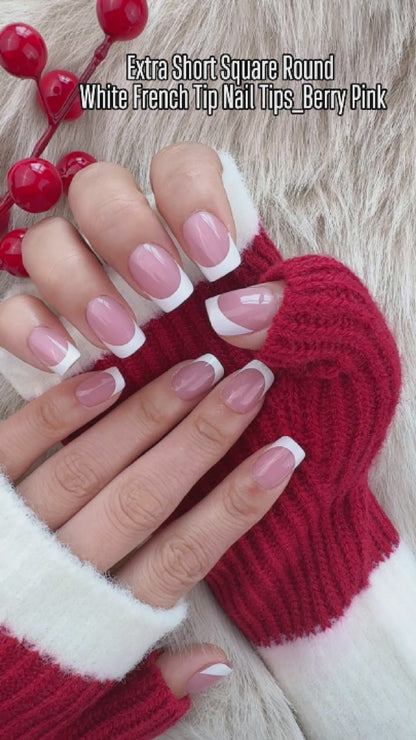 Square Round Short White French Tips Berry Pink