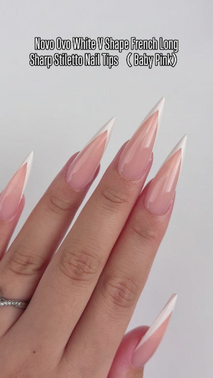 White V Shape French Long Sharp Stiletto Nail Tips Baby Pink
