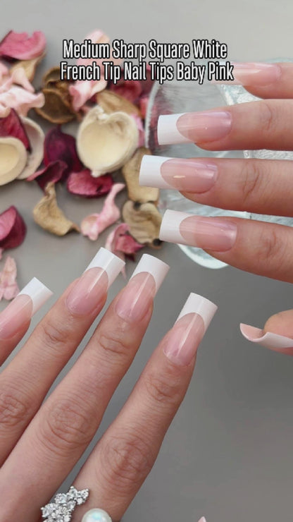 Medium Sharp Square White French Tip Nail Tips Baby Pink 180