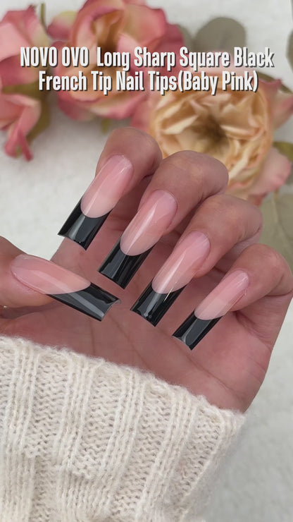 Long Sharp Square Black French Tip Nail Tips Baby Pink 180