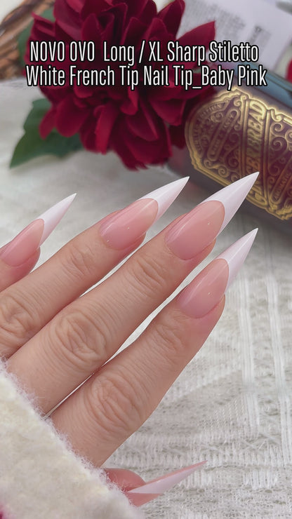 Long XL Sharp Stiletto White French Tip Nail Tips Baby Pink
